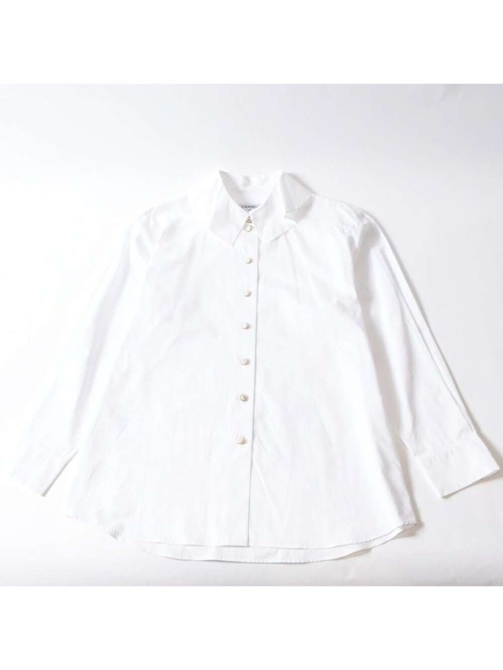 Chanel Long Sleeve Shirt Blouse CC Logo Cotton White Gold
